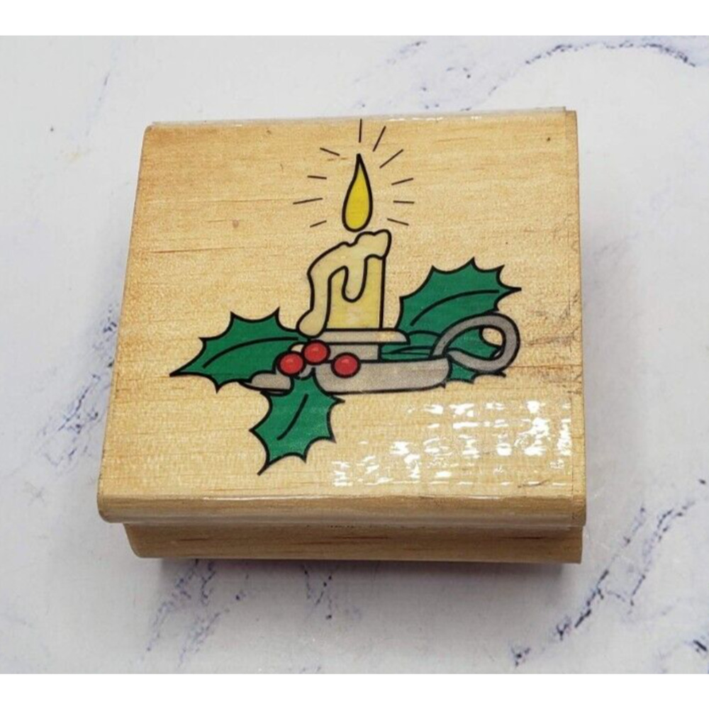Holiday Christmas Candle With Holly Canadian Maple Collections Rubber Stamp